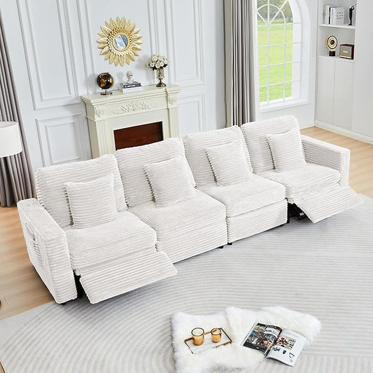 ORRD Power Reclining Sectional Sofa, Electric 4 Seat Recliner with 2 Electric Footrest and Adjustable Headrest, Modern Plush Corduroy Fluffy Modular Sectional with Deep Seat for Living Room-White