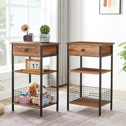 VECELO Tall End Side Tables,27 Inch Night Stand with U-Shape Basket and Storage Drawer/Shelf for Living Room/Bedroom/Small Spaces,Set of 2,Brown