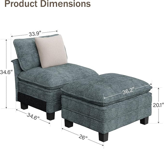PHI VILLA Oversized Single Armless Sofa with Ottoman, Upholstered Chaise Lounge Chairs, Indoor Cloud Reading Chair with Deep Seat for Small Spaces, Chenille Fabric, Teal