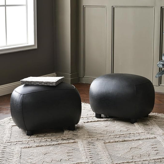 KINWELL 23" Wide Faux Leather Upholstered Ottoman Set of 2, Mid-Century Modern Living Room Footrest with Soft Padded Seat, Footstool for Bedroom, Entryway or Living Room, Black