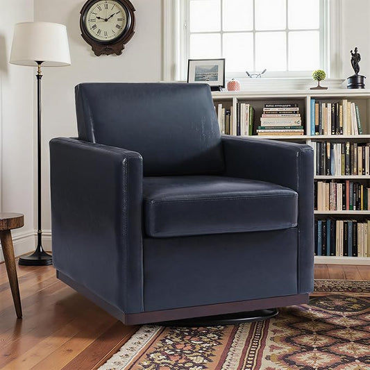 Pia Ricco Single Swivel Barrel Chair, Modern Accent Armchair in Easy-Clean PU Leather, Mid-Century Style for Living Room or Home Office, Navy