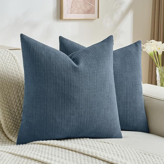 FUTEI Navy Blue Decorative Throw Pillow Covers 26x26 Inch Set of 2,Soft Cozy Wheat Ear Striped Patterns Euro Pillow Shams,Modern Home Decor for Couch Bed Living Room