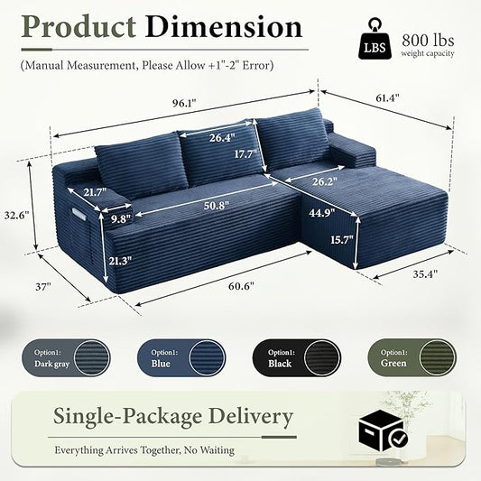 96''Sectional Couches for Living Room,Modern Modular Sectional Sofa,Upholstered Boneless Couch with Pockets,Comfy Cloud Couch with L Shaped Chaise(Blue, 96''W Right Facing Chaise)