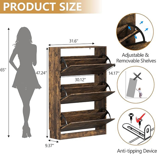 Shoe Storage Cabinet with 3 Flip Drawers, Slim Hidden Wood Shoe Cabinet Storage for Entryway, Freestanding Narrow Shoe Rack Organizer with Adjustable Shelves for Foyer, Hallway, Brown