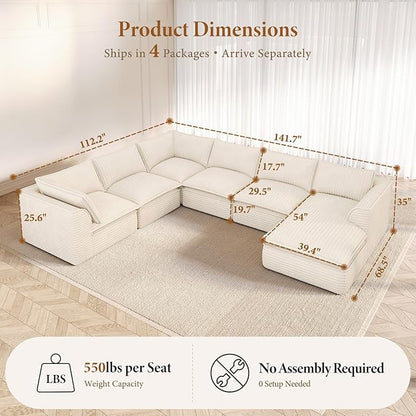 Vesgantti 141.7" Oversized Sectional Boneless Couch, Modern 7 Seater Modular Sofa with Chaise, Deep Seat Convertible Plush Corduroy Cloud Couches for Living Room, No Assembly Required, Beige