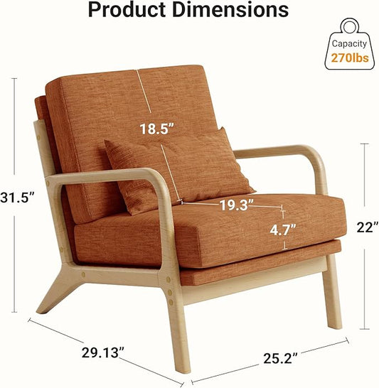 Claiks Mid-Century Modern Accent Chair, Living Room Armchair with Solid Wood Frame & Lumbar Pillow, Comfy Upholstered Lounge Chair for Bedroom, Office, Linen-Like Fabric, Orange