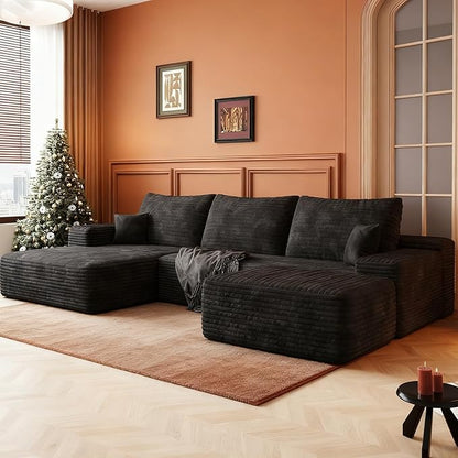 107.5" Compressed Boneless Couch with Ottoman, 2 Seater Large U Shaped Sectional Couches for Living Room, Black Corduroy Cloud Modular Sectional Sofa, Memory Foam, No Assembly，Light Facing Chaise