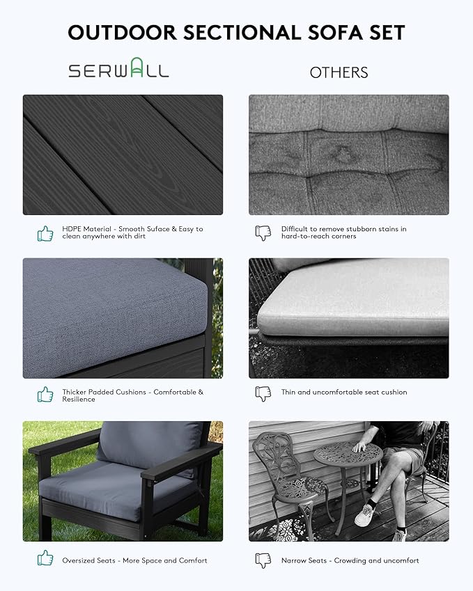 SERWALL HDPE Patio Furniture Set, 7-Piece Outdoor Sectional Sofa Set, All Weather Outdoor Couch Set for Deck, Lawn, Black Frame with Grey Cushion
