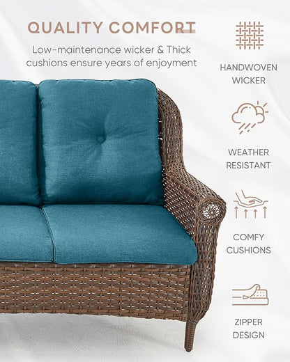 Patio Loveseat Outdoor Wicker Sofa - Heavy Duty All-Weather Brown Rattan 2-Person Sofas with High Back and Comfortable Thick Cushions for Garden Back Porch Poolside Apartment - Peacock Blue