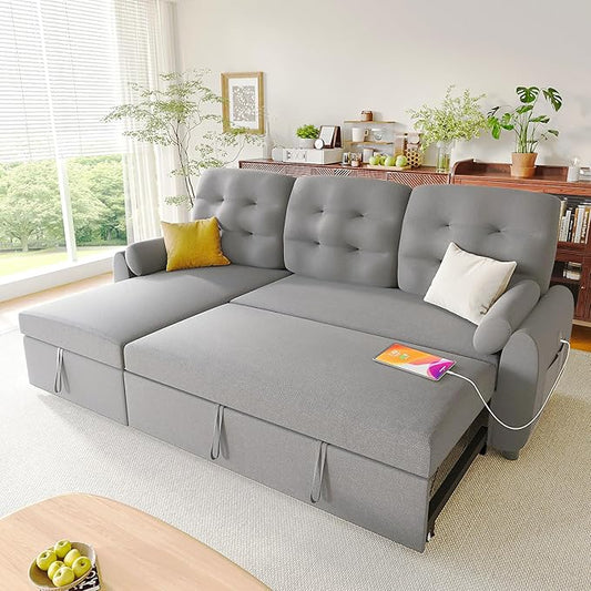 Ucloveria Sleeper Sofa Bed, 86" Convertible Sectional Sofa Couches for Living Room, Pull Out Couch Bed with Reversible Storage Chaise | USB Ports | Side Pockets | Removable Backrest