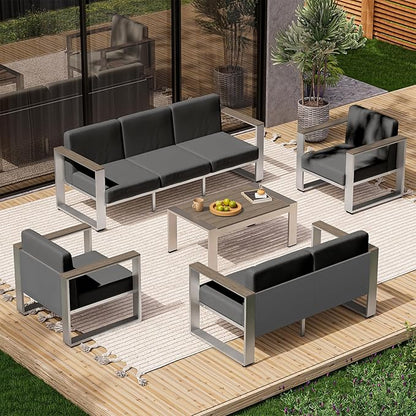 Outdoor Patio Furniture Set, 7 Seats Outdoor Patio Conversation Sets with Ergonomic Seat and Wide Washable Thick Cushions, Modern Patio Sectional Furniture for Balcony, Porch (Charocal)