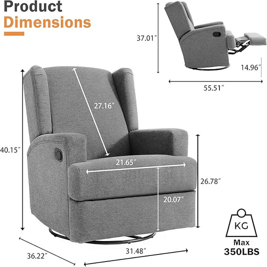 Swivel Glider Recliner Chair for Adults with Deep Seat - High Back Rocker Reclining Accent Chair, Manual Recliner for Living Room & Nursery, Comfortable Upholstered Fabric Armchair-Light Gray