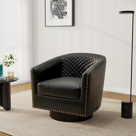 Pia Ricco Faux Leather Swivel Barrel Accent Chairs, 360° Swivel Round Single Sofa Chair, Comfy Upholstered Club Armchair with Nailhead Trim for Living Room/Reading Room/Bedroom, Black