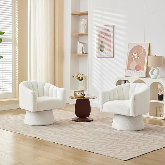 Swivel Accent Chair Set of 2, Upholstered Teddy 360° Swivel Barrel Chair for Living Room Overstuffed Bouncle Reading Chair Round Armchair for Bedroom,Vanity,Office-White