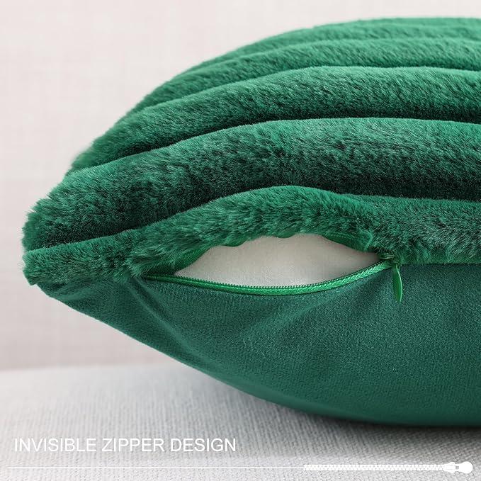Pallene Faux Fur Plush Lumbar Christmas Throw Pillow Covers 12x20 Set of 2, Luxury Soft Fluffy Striped Decorative Pillow Covers for Sofa, Couch, Living Room, Christmas Green