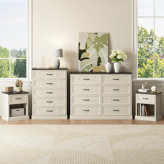 CARPETNAL Farmhouse Dresser and Nightstand Sets for Bedroom, 4 Pcs Bedroom Set, 5 Drawer & 8 Drawer Dresser and Nightstand Set of 2, Wood Chest of Drawers for Living Room, Entryway, White