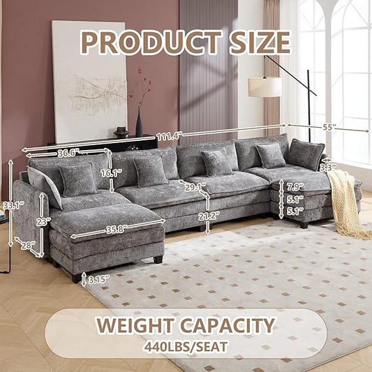 Plush Modular Cloud Sofa Set with Ottoman | L/U-Shaped Deep Seating Chenille Sectional for Family Living Room