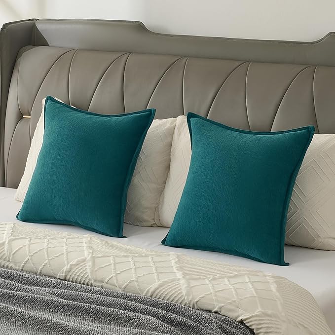 FUTEI Teal Chenille Throw Pillow Covers 22x22 Inch Set of 2,Edges Double-Stitched Cushion Cases,Modern Home Decor for Couch Living Room