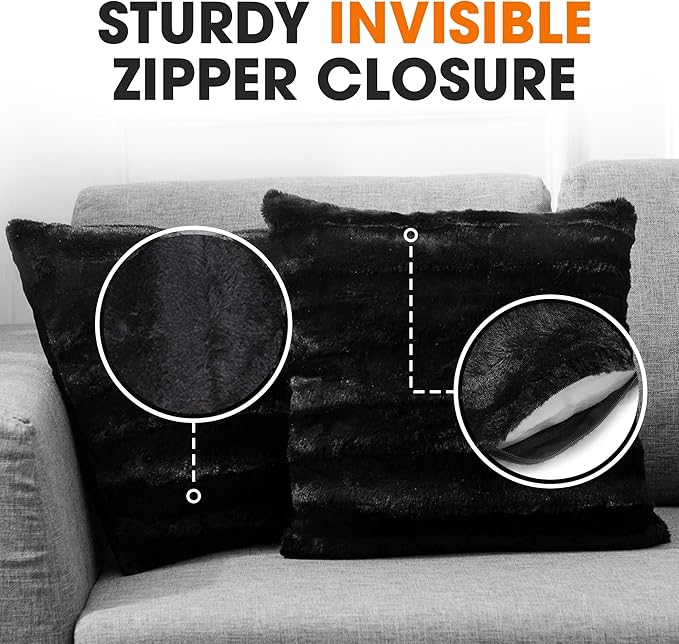 Cheer Collection Faux Fur Throw Pillows - Decorative Pillows for Couch, Bed Throw Pillows, Black Accent Pillows for Bedroom or Living Room Aesthetic, Set of 2 Furry Throw Pillows, 26" x 26"