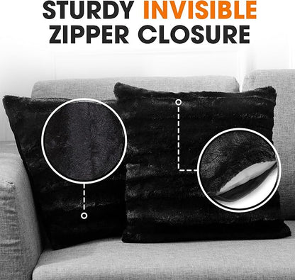 Cheer Collection Faux Fur Throw Pillows - Decorative Pillows for Couch, Bed Throw Pillows, Black Accent Pillows for Bedroom or Living Room Aesthetic, Set of 2 Furry Throw Pillows, 20" x 20"