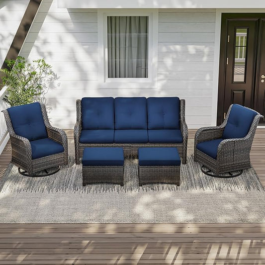 5 Pieces Outdoor Patio Furniture Set - Conversation Set Includes Wicker Swivel Rocker Chairs Set of 2, 2 Ottoman, 3 Seat Sofa, Suitable for Porch, Yard, Mixed Brown Rattan, Blue