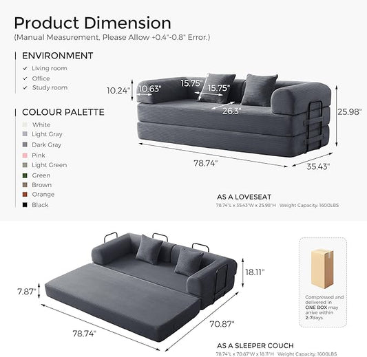 79" Convertible Sofa Bed with Fixed-Shape Frame & Removable Armrests, Modular Corduroy Sleeper Sofa, Folding Mattress Couch for Small Spaces - No Assembly Needed in Dark Gray (Includes 2 Pillows)