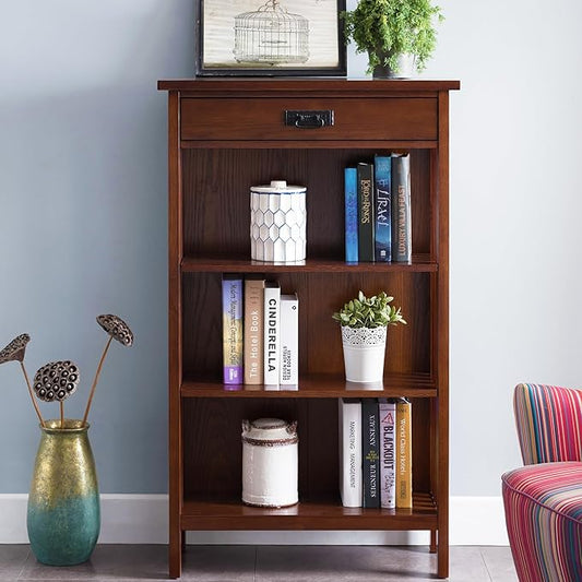 Leick Home 82262 Mission Mantel Height Bookcase with Slatted Sides and Top Drawer, Made with Solid Wood, for Living Rooms, Mission Oak Finish, Brownbronze
