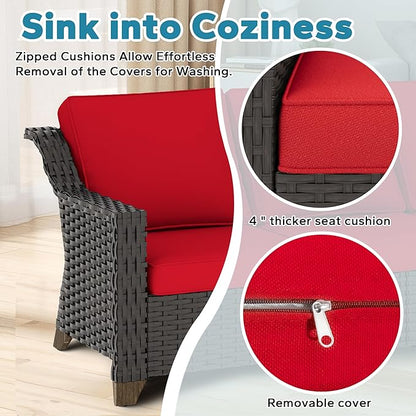 Patio 2 Pieces Wicker Chairs Set of 2，Outdoor PE Rattan Armchairs, Water-Resistant Cushions with Removable and Washable Covers, Porch, Balcony, Sunroom (Red)
