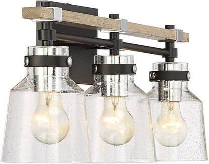 Possini Euro Design Broadway Modern Industrial Wall Light Black Painted Faux Wood Hardwired 23" 3-Light Fixture Clear Seedy Glass Shade for Bedroom Bedside Bathroom Vanity Living Room Hallway House