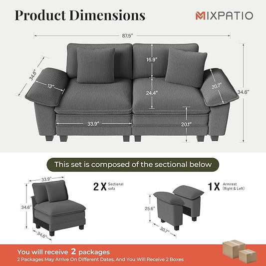 87" Cloud Modular Sectional Loveseat, 2-Seater w/Deep Seat & Removable Arms, Plush Corduroy for Small Living Room & Apartment - Gray