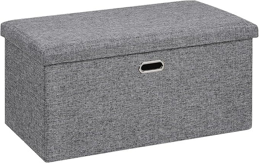 VECELO 30'' Folding Storage Ottoman Bench, End of Bed Linen Fabric Foot Rest Stool with Padded Seat, Large Footstools for Bedroom, Living Room, Load 500 lb, Grey