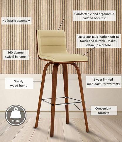 Vienna 30" Swivel Bar Stool in Walnut Wood Finish with Cream Faux Leather - Set of 2