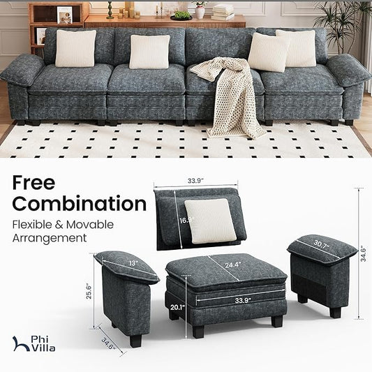 PHI VILLA Cloud Modular Couches Sets, 157.5" Sectional Sofa with Upholstered Deep Seat, 4-Seater Long Couches for Living Room Apartment, Chenille Fabric, Dark Cyan
