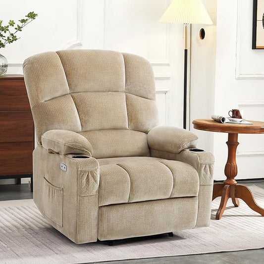 MCombo Oversized Dual Motor Power Lift Recliner Chair Sofa with Massage and Heat for Big Elderly People, Infinite Position, USB Ports, Fabric R7688 (Beige, Large-Oversize)