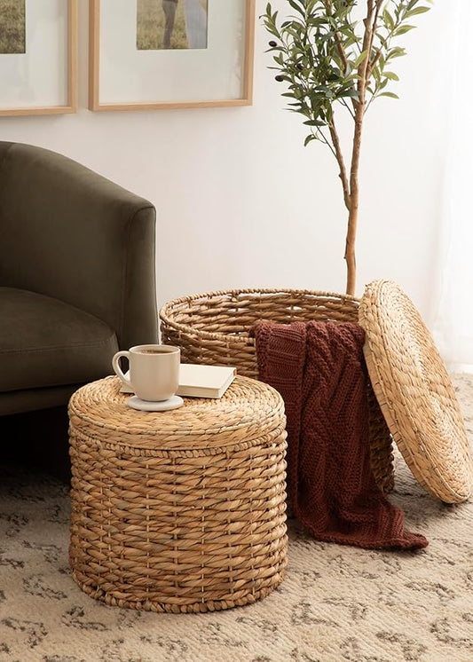 Kate and Laurel Halm Modern Woven Rattan Round Storage Side Tables, Set of 2, 20 x 17 and 16 x 14, Natural Rattan, Lift-Top End Tables for Use as Hidden Storage Baskets or Small Ottoman Tables
