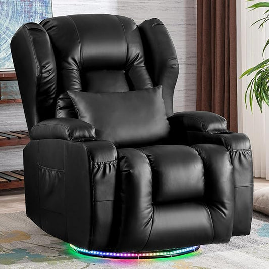 Power Swivel Rocker Recliner Chairs, Electric Wall Hugger Reclining Sofa with Massage & Heat, Comfy Theater Seating Single Chair with LED Light/USB/Type-C Ports (Leather Black, Single Chair)