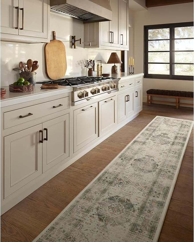 RUGGABLE Washable Vintage Area Rug – Sarrah Sage 8x10, Stain-Resistant, Non-Slip – Large Machine Washable Rugs for Living Room, Bedroom, Hallway, Entryway & Office–with Cushioned Pad