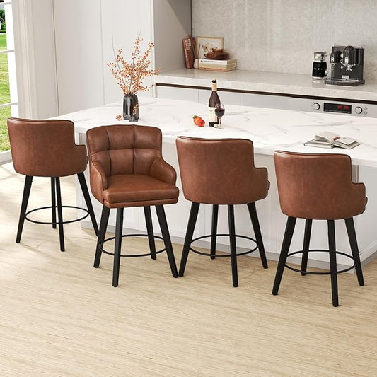 360°Swivel Counter Height Bar Stools with Back, 26 inch Solid Wood Legs, Bar Stool Modern Kitchen Island Chairs, Faux Leather (Brown- Faux Leather, 26" H- Set of 4)