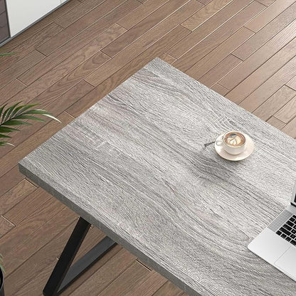 FOLUBAN Modern Desk, Rustic Wood and Metal Computer Desk for Home Office, Simple Study Writing Gaming Table for Bedroom Living Room, Light Grey, 53 Inch