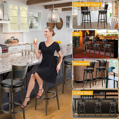 PrimeZone Swivel Bar Stools Set of 6, 34 Inch Extra Tall Bar Height Barstools, Black Faux Leather Bar Stool with High Backrest, Solid Wood Leg, Wrap-Around Footrest, Counter Stools for Pub