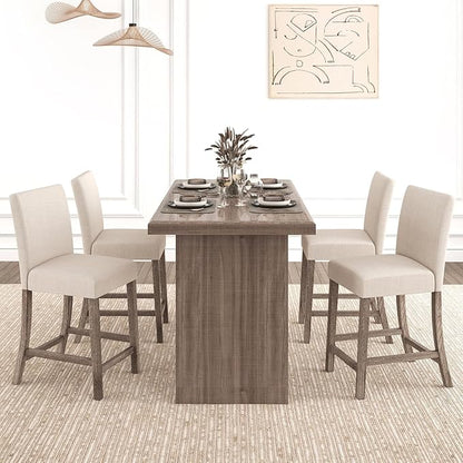 COSTWAY Counter Height Bar Stools Set of 2, 24.5’’ Upholstered Mid Century Modern Island Chairs with Rubber Wood Legs, Wooden Barstools for Kitchen, Dining Room, Bar, Restaurant (Beige)