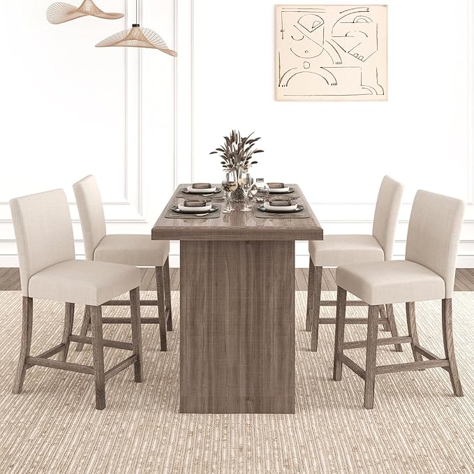 COSTWAY Upholstered Counter Height Stools Set of 4, Bar Stools w/Ergonomic Backrest, Solid Wood Frame, 24.5” Fabric Counter Height Chairs for Kitchen Island, Dining Room, Pub (Beige)