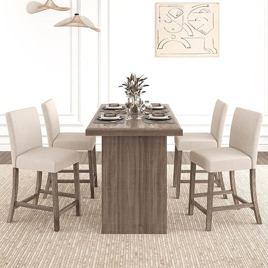 COSTWAY Upholstered Counter Height Stools Set of 4, Bar Stools w/Ergonomic Backrest, Solid Wood Frame, 24.5” Fabric Counter Height Chairs for Kitchen Island, Dining Room, Pub (Beige)