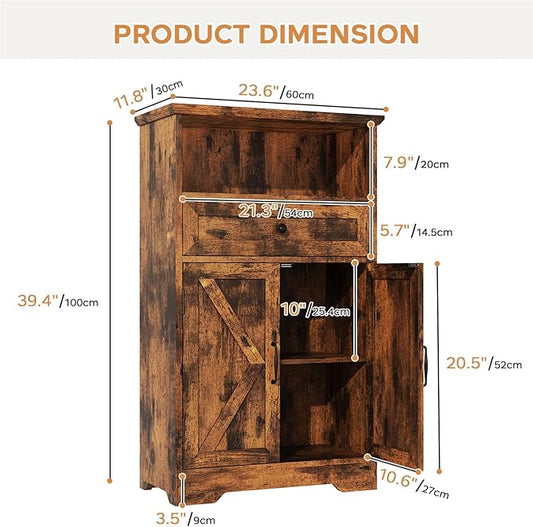 Floor Cabinet, Farmhouse Storage Cabinet with Barn Doors and Drawer, 11.81" D x 23.62" W x 39.37" H Rustic Brown Freestanding Adjustable Shelf Organizer for Bathroom, Kitchen, Living Room