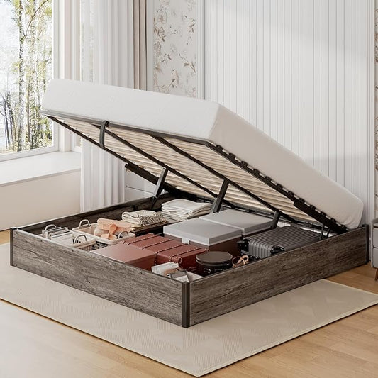 Lift Up Storage Bed Frame, King Size Wooden Platform Bed with Large Storage Underneath, No Box Spring Needed, Noise Free, Rustic Grey