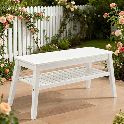 Nnewvante 33.46" Bamboo Dining Bench, 2 Tier Indoor White Storage Bench for Entryway, Outdoor Wooden Bench, Small Wood Benches for Front Porch, Living Room, Bedroom, Holds up to 300 lbs