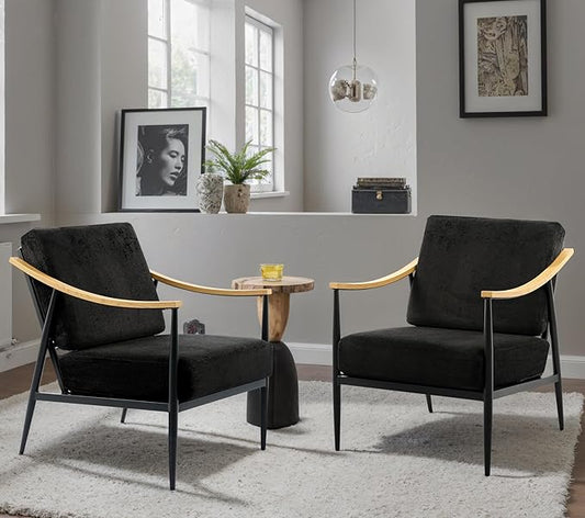 Modern Accent Chairs Set of 2 for Living Room Bedroom Mid Century Arm Chairs Upholstered Office Accent Chairs Comfy Waiting Room Chairs with Metal Frame, Black