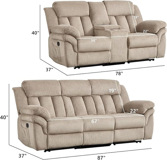 CANMOV Recliner Sofa Set,Manual Recliner Loveseat and 3-Seat Sofa with Overstuffed Armrest for Living Room,Bedroom Furniture,Office,Light Brown,2+3 Seat