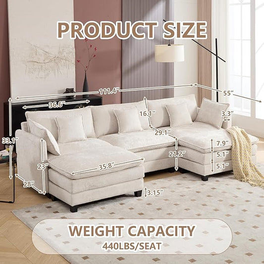 Plush Modular Cloud Sofa Set with Ottoman | L/U-Shaped Deep Seating Chenille Sectional for Family Living Room