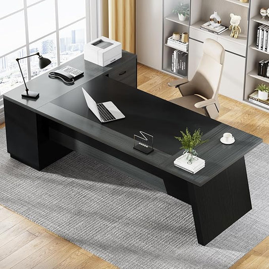 Tribesigns L-Shaped Executive Desk, 78-Inch Modern Office Desk with Drawers and Lateral File Cabinet, Large Bussiness Furniture with Storage Shelves, Workstation for Home Office (Grey + Black)